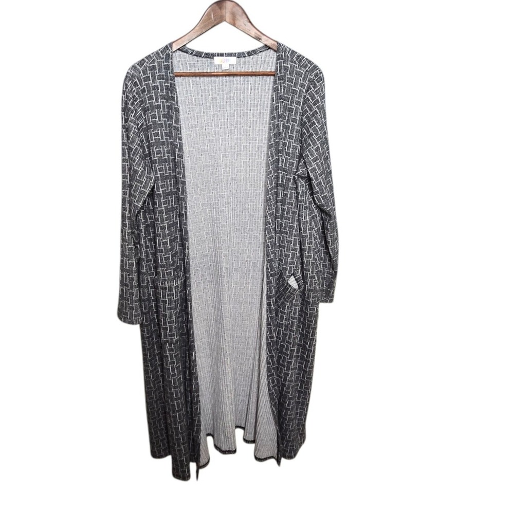 LuLaRoe Cardigan Womens L Black Gray Geometric Print 3/4 Sleeve Open Front Top